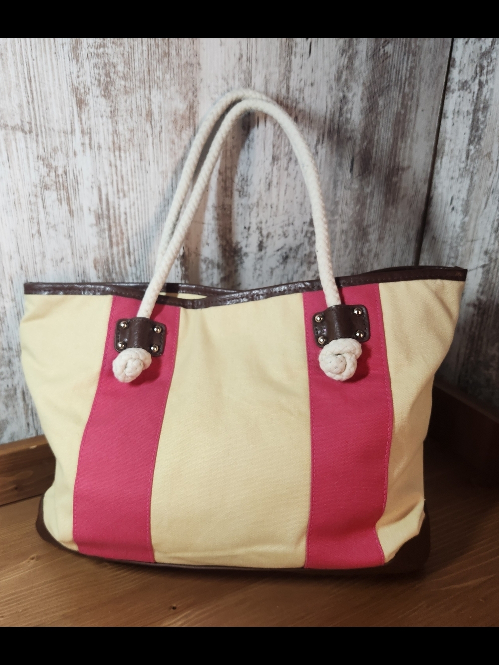 Straw Studios Cream Canvas Tote with Pink Stripes Rope Handles Nautical Vibes